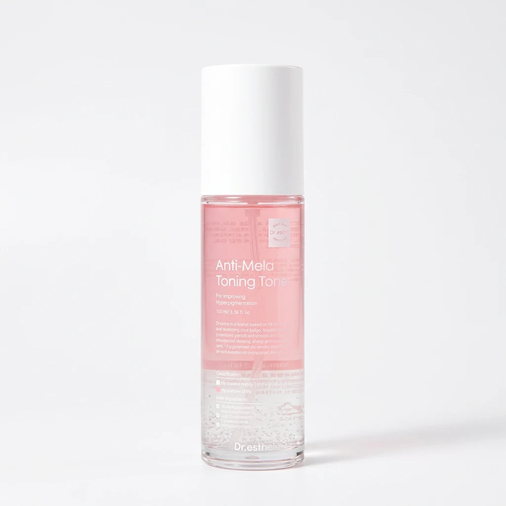 A bottle of Dr. Esthe Anti-MelaToning Toner with a white cap and a pink and clear liquid inside, shown on a solid white background.