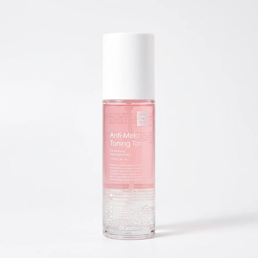 A bottle of Dr. Esthe Anti-MelaToning Toner with a white cap and a pink and clear liquid inside, shown on a solid white background.