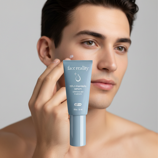 A blue tube of Face Reality 15% L-Mandelic Serum with white and blue label detailing the product information.