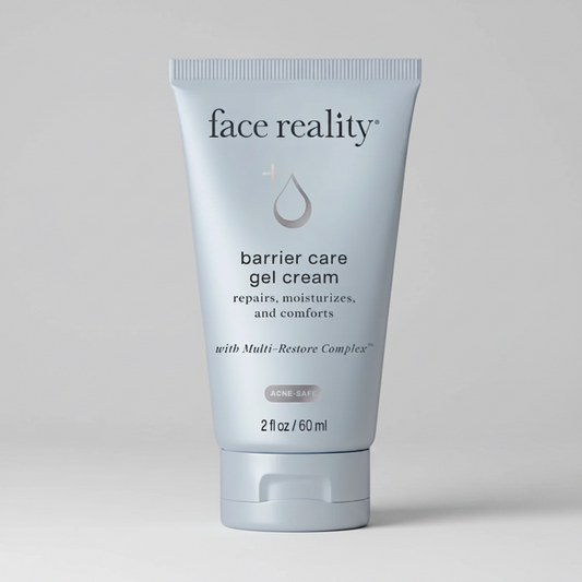 Tube of 'face reality' barrier care gel cream on a white background