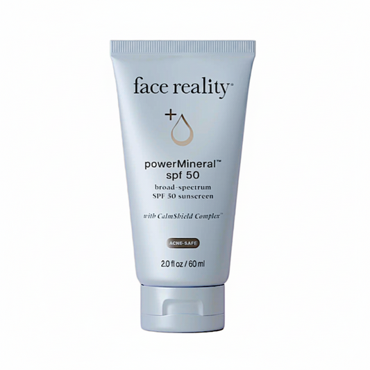 Tube of face reality powerMineral SPF 50 sunscreen on a white background