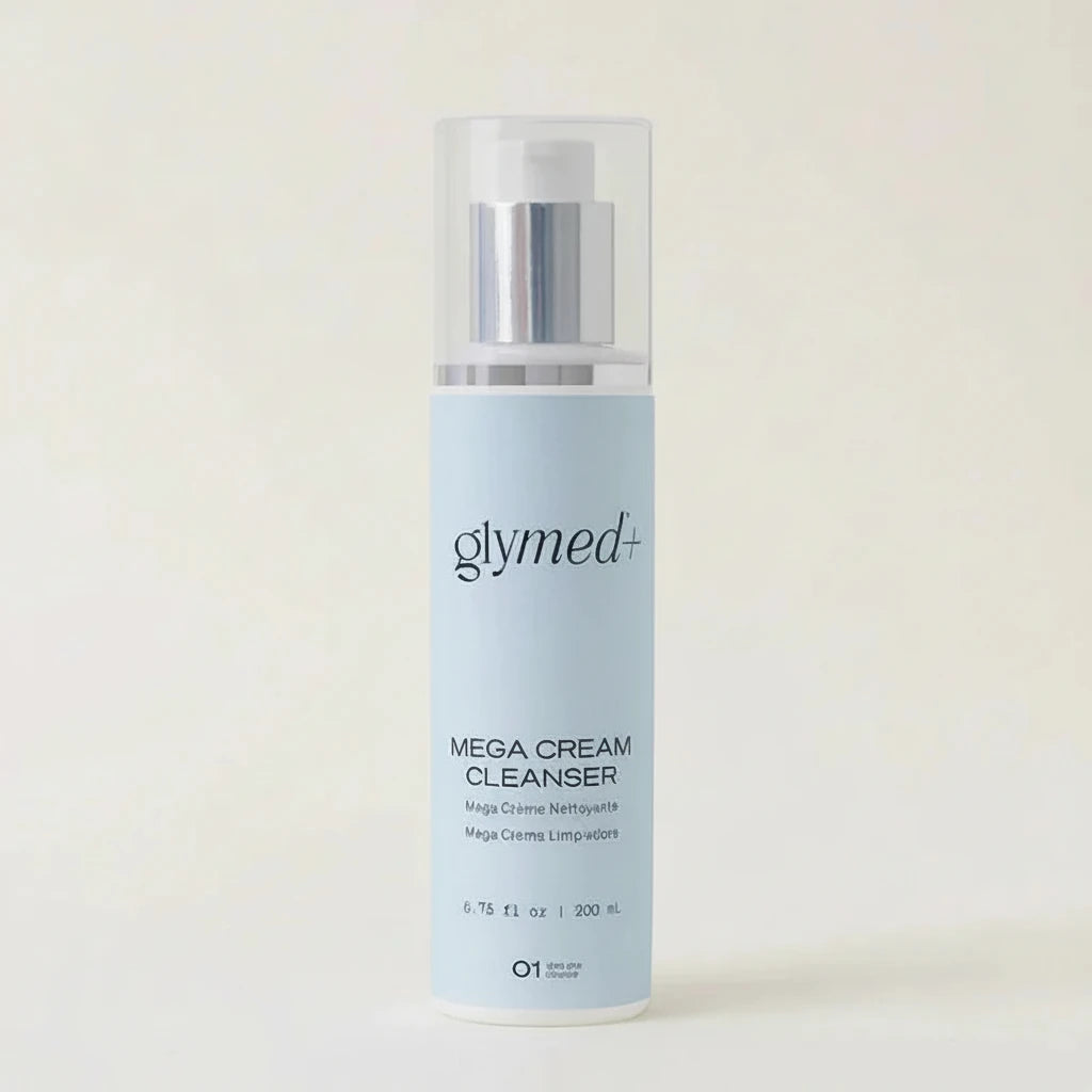 Glymed Plus Mega Cream Cleanser bottle on a light beige background