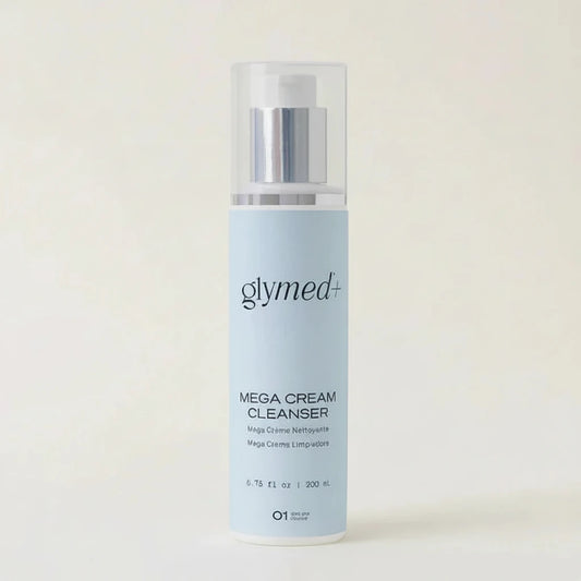 Glymed Plus Mega Cream Cleanser bottle on a light beige background