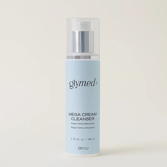 Glymed Mega Cream Cleanser bottle on a light beige background