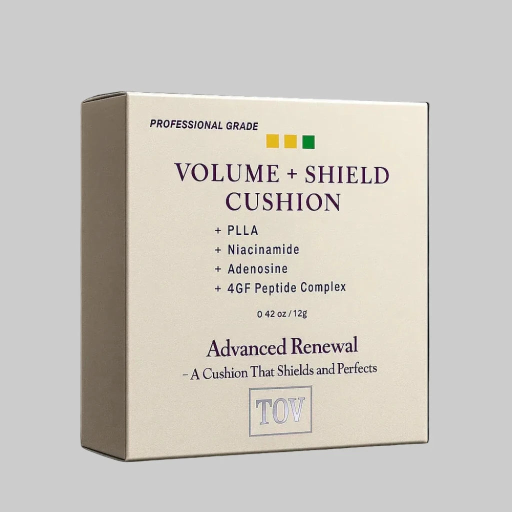 box of hop+ House of PLLA Volume Shield Cushion SPF on a light grey background