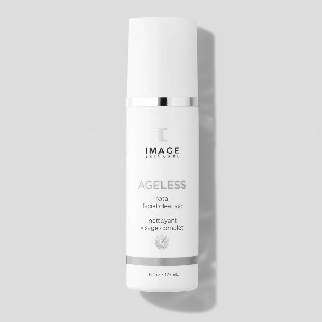 Image Skincare Ageless Total Facial Cleanser in a white cylindrical pump bottle with silver accents, shown on a clean white background with a soft shadow.