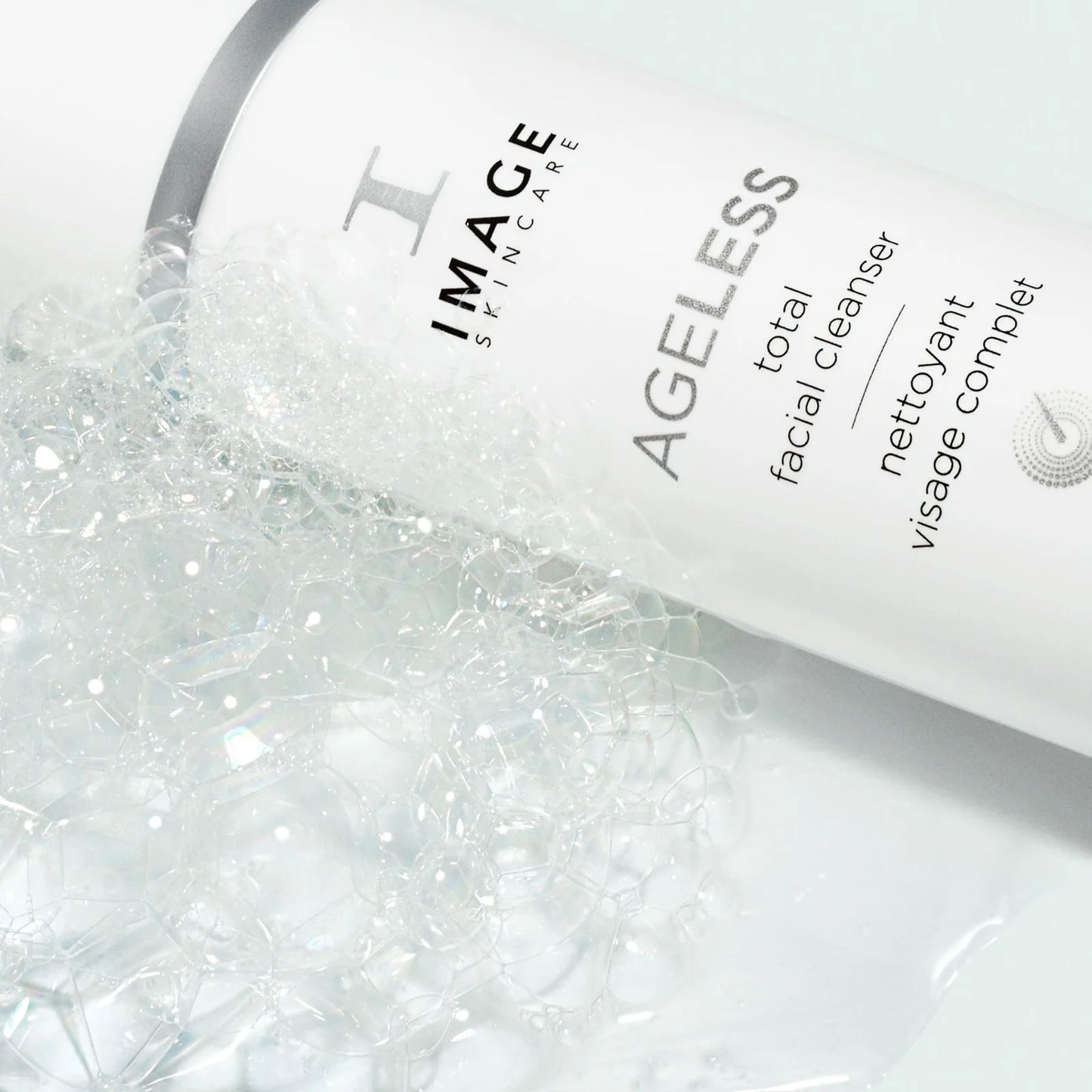 IMAGE Skincare AGELESS total facial cleanser bottle with bubbles on a white background