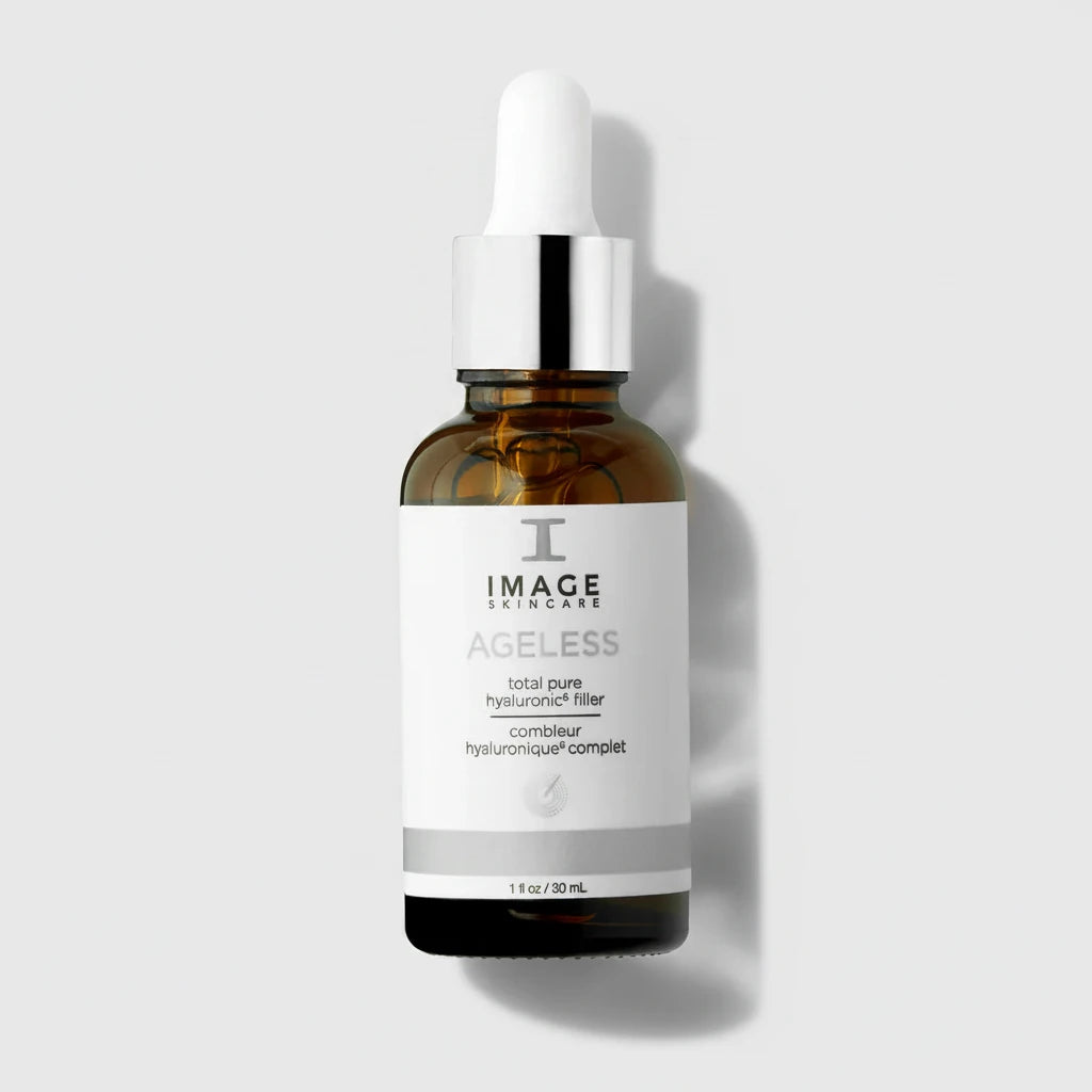 Skincare serum bottle labeled 'IMAGE Skincare AGELESS total pure hyaluronic filler on a white background.