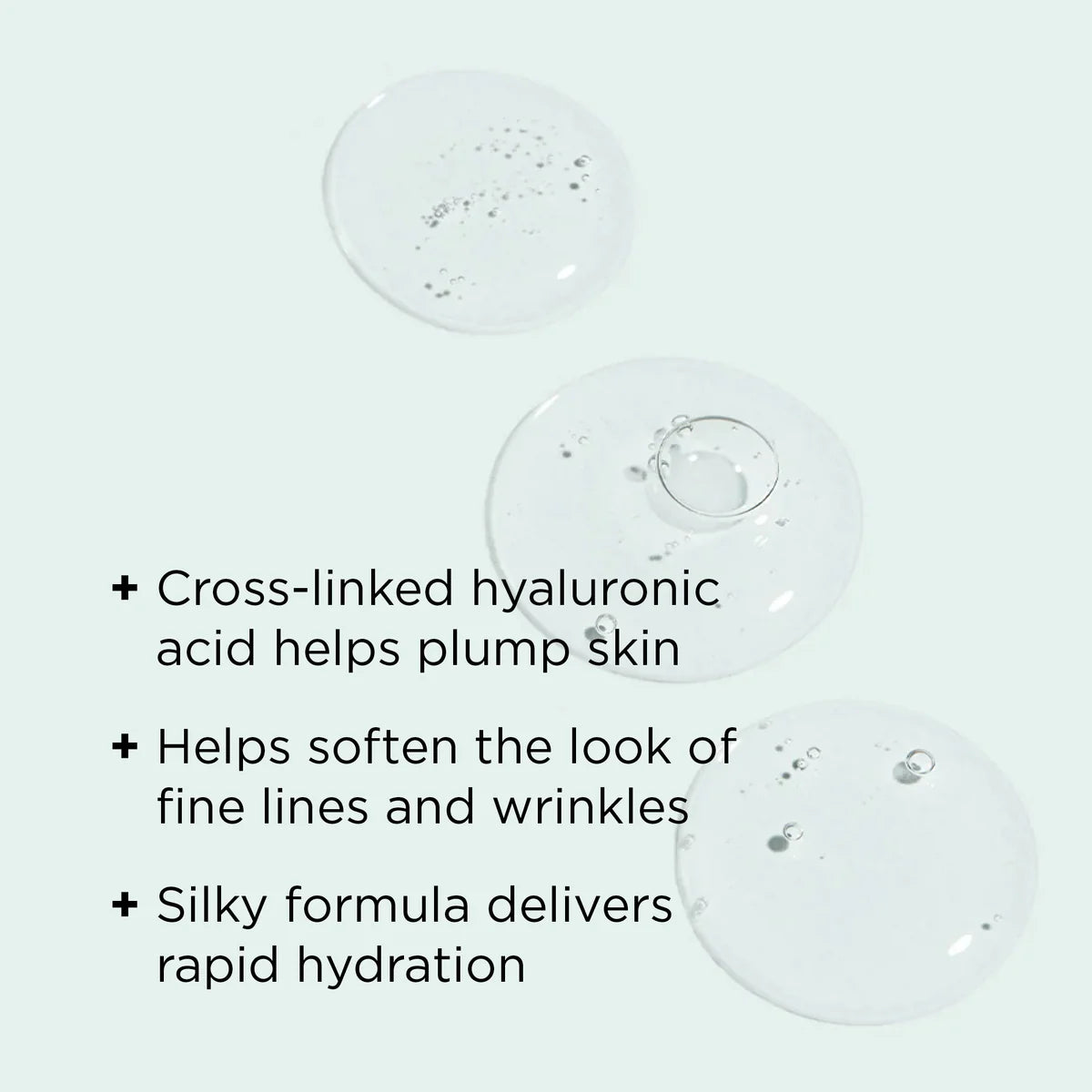 Text about cross-linked hyaluronic acid skincare benefits with a close-up of a skincare product on a light gray background.