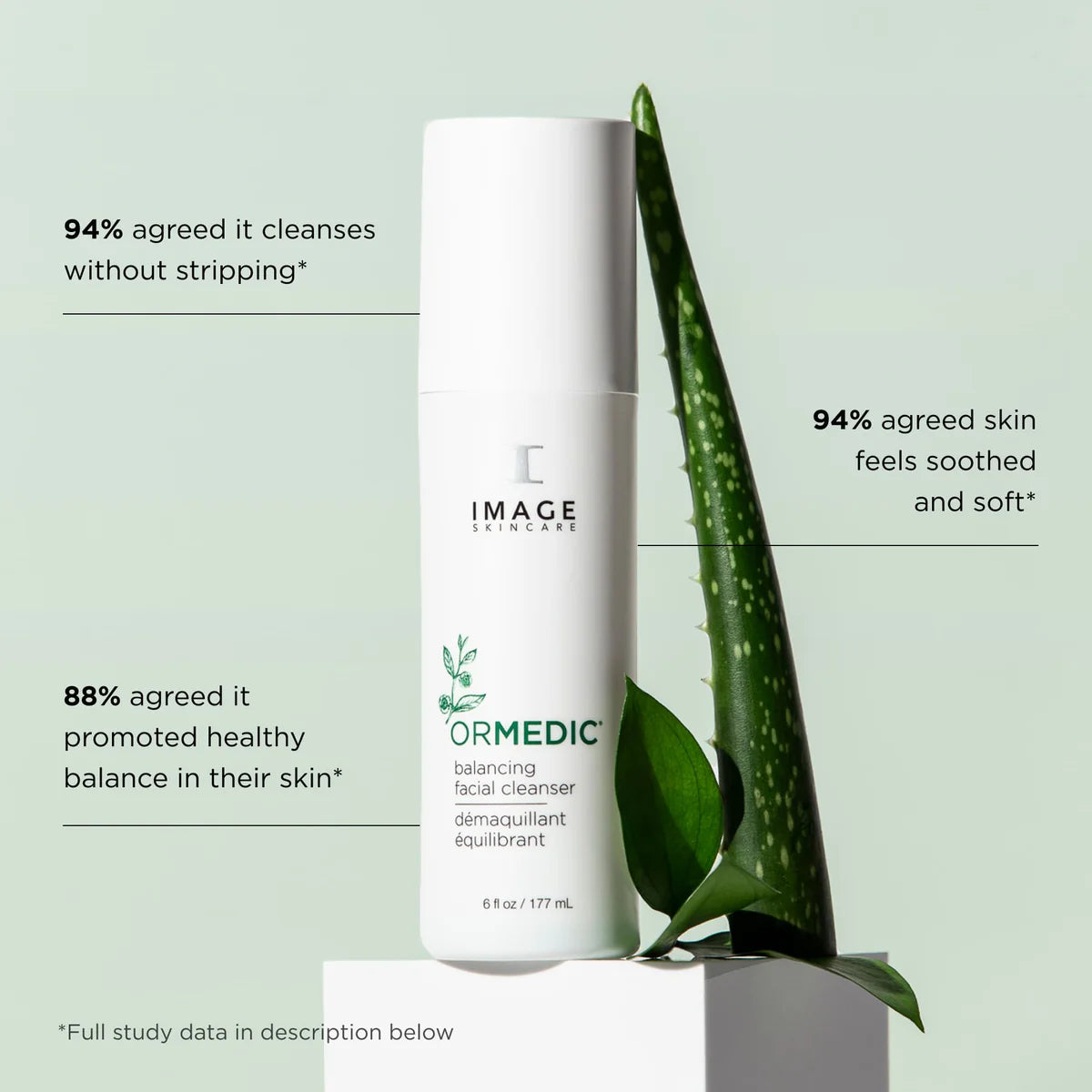 Image skincare Ormedic Balancing Facial Cleanser bottle displayed on a white pedestal next to an aloe vera plant, with marketing text callouts on a pale green background.