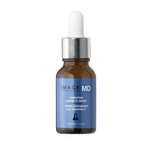 A bottle of IMAGE MD Restoring Power-C Serum with a dropper, primarily brown in color with a white label and blue accents.