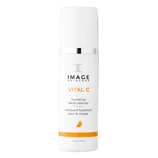A pump bottle of IMAGE Skincare Vital C Hydrating Facial Cleanser against a white background.