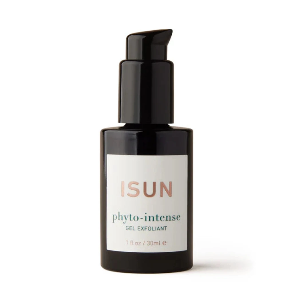 ISUN Phyto-Intense Gel Exfoliant in a dark amber glass bottle with a black pump dispenser and a white label, shot on a clean white background.