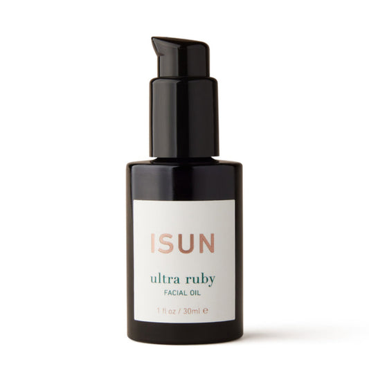 ISUN Ultra Ruby Facial Oil in a 1 fl oz black pump bottle with a white label, set against a plain white background.