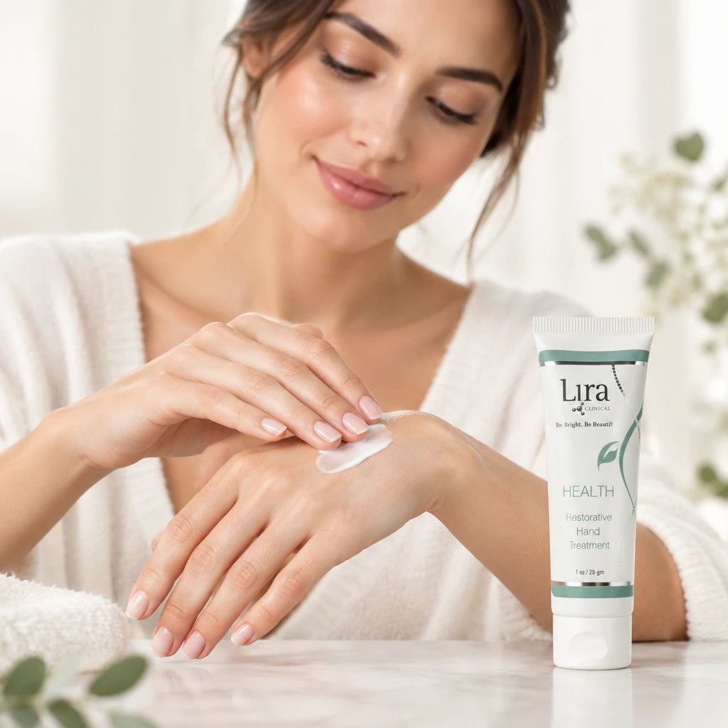 woman applying lira clinical restorative hand treatment to hands