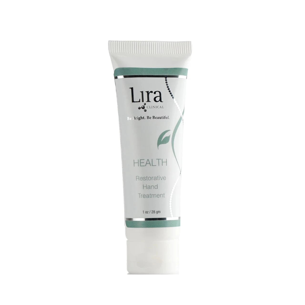 A white squeeze tube of Lira Clinical Health Restorative Hand Treatment, featuring green accents and black text, centered on a plain white background.