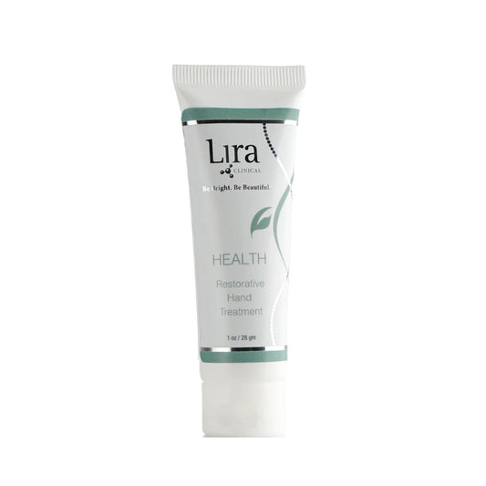 A white squeeze tube of Lira Clinical Health Restorative Hand Treatment, featuring green accents and black text, centered on a plain white background.