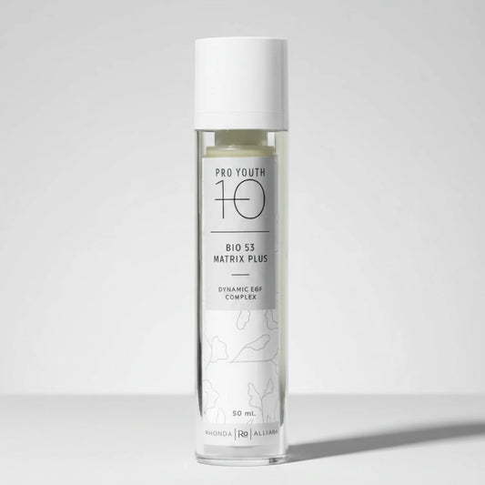 Skincare bottle labeled 'Pro Youth 10 Bio 53 Matrix Plus on a light grey background