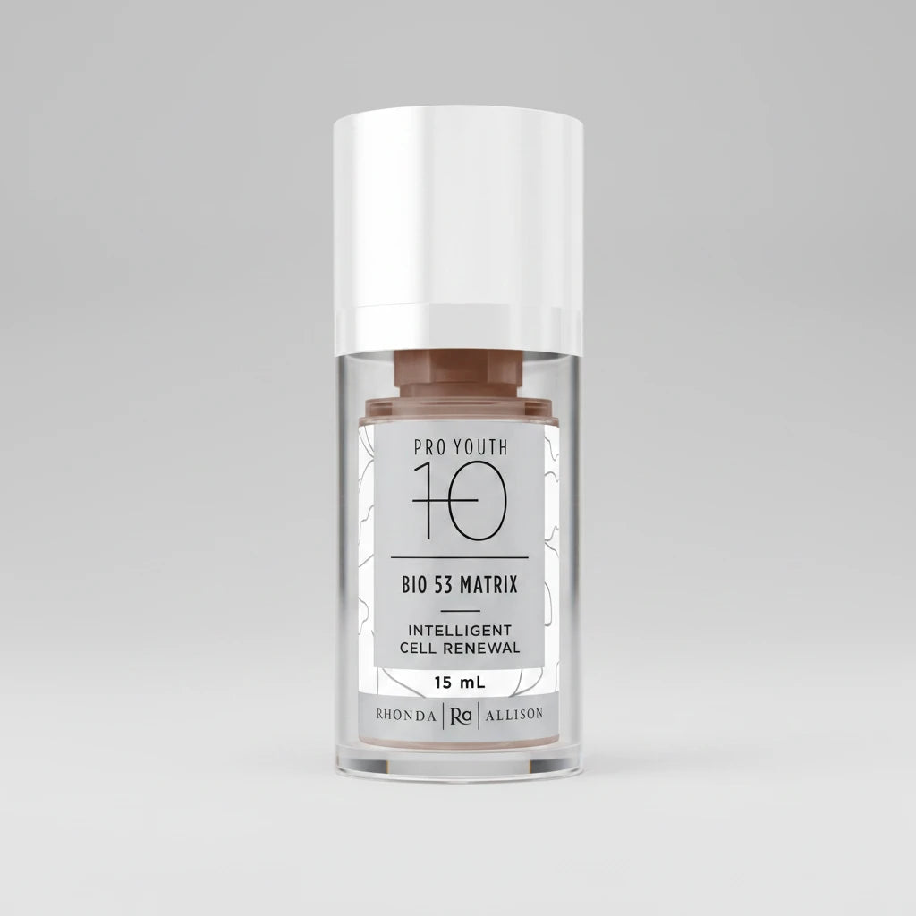 Skincare serum bottle labeled 'Pro Youth 10 Bio 53 Matrix' on a white background