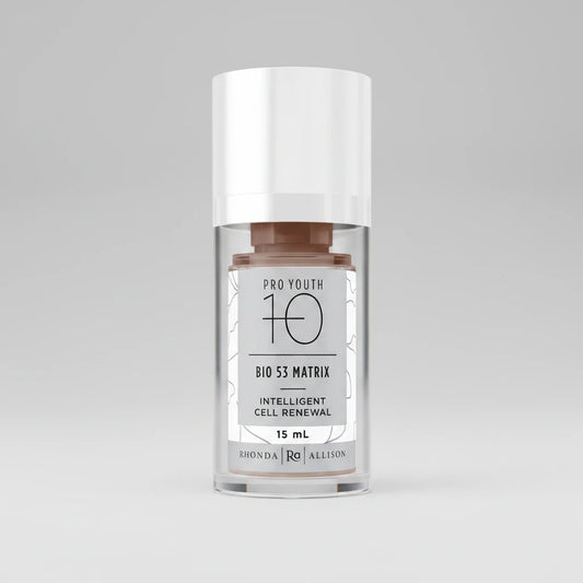 Skincare serum bottle labeled 'Pro Youth 10 Bio 53 Matrix' on a white background