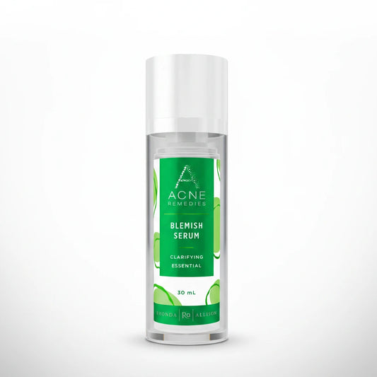 Acne Remedies blemish serum bottle with green label on a white background