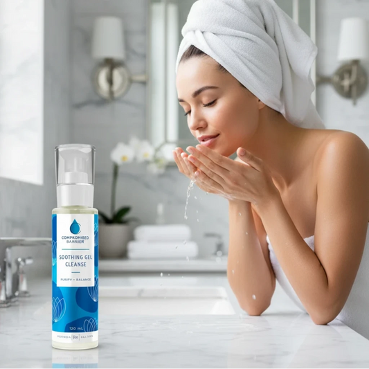 Bottle of Rhonda Allison 'Compromised Barrier' soothing gel cleanse with blue and white label.