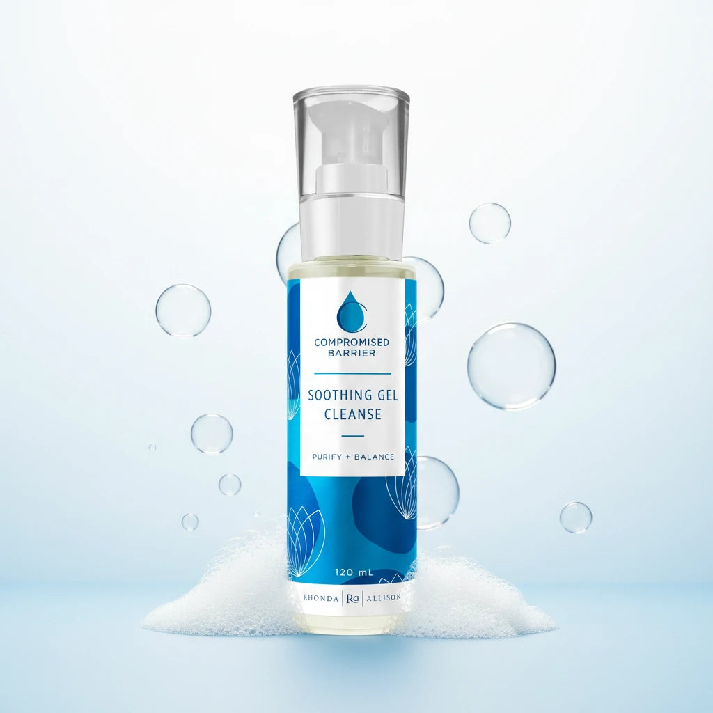Bottle of 'Compromised Barrier' soothing gel cleanse with blue and white label on bubble background