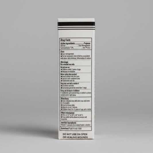 Product label with text on a white background