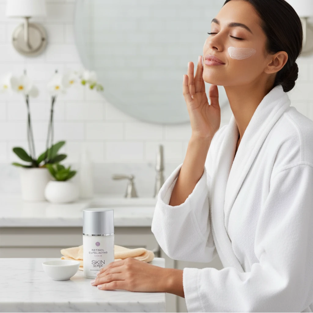 Skincare product labeled 'Retinol Exfoliating Scrub' by 'Skin Script' with a woman applying product