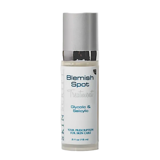 Skincare bottle labeled 'Blemish Spot Treatment' on a white background