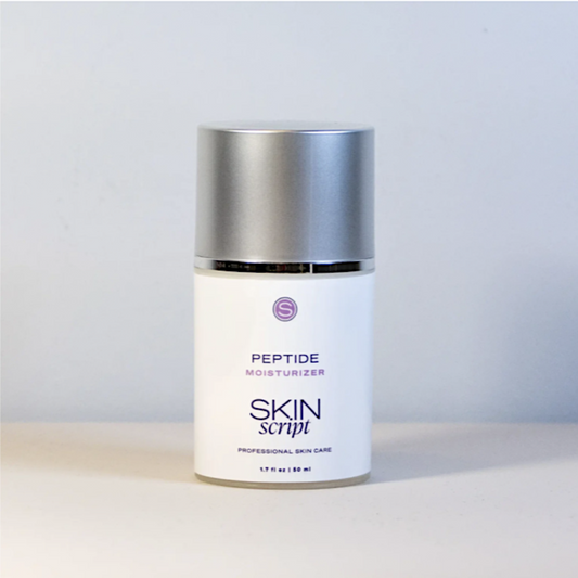 Skincare product labeled 'Peptide Moisturizer' by 'Skin Script' on a light background