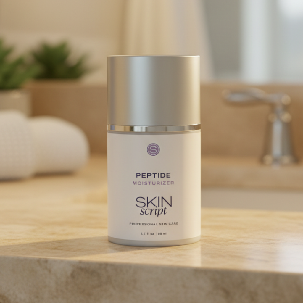 Skincare product labeled 'Peptide Moisturizer' by 'Skin Script' bath countertop background