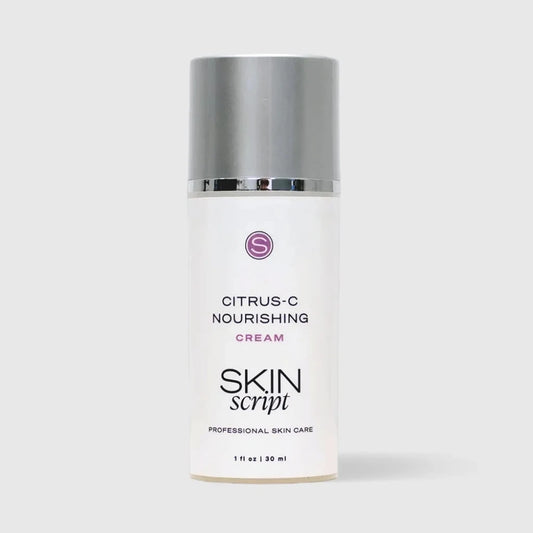 A 30 ml bottle of Skin Script Citrus-C Nourishing Cream on a light gray background. The bottle is white with a metallic silver cap and features purple and black text.