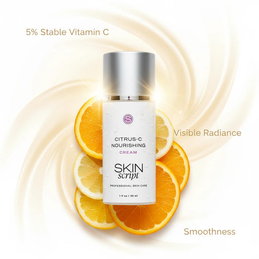 A 30 ml bottle of Skin Script Citrus-C Nourishing Cream on a light gray background. The bottle is white with a metallic silver cap and features purple and black text.